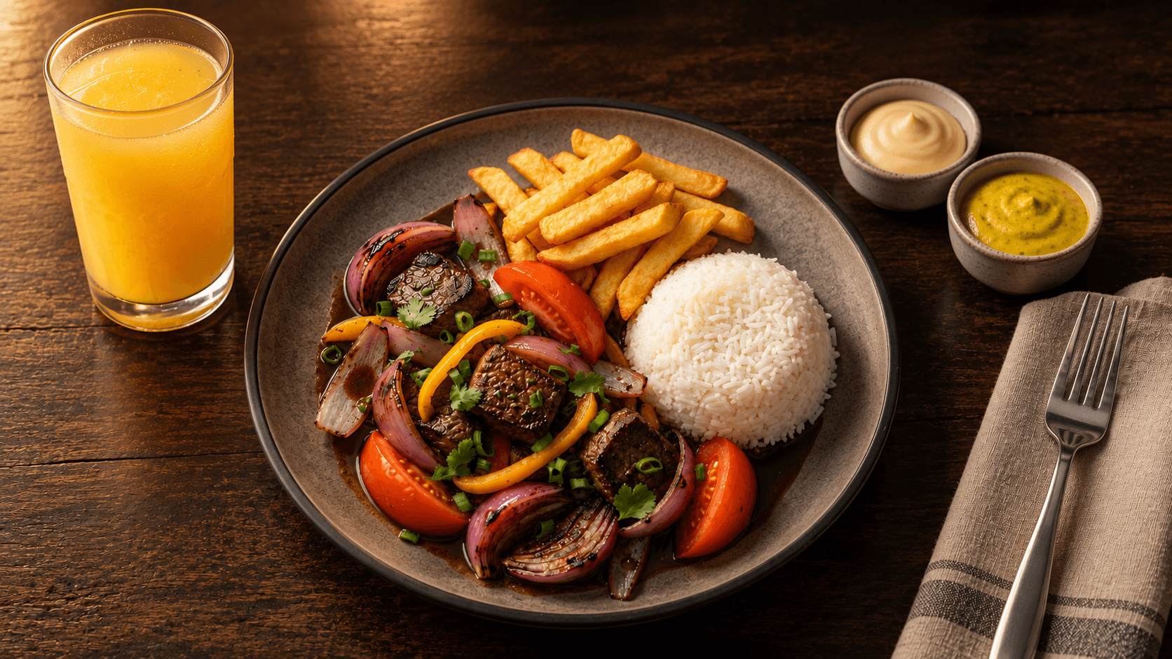 Lomo Saltado served on a wooden table