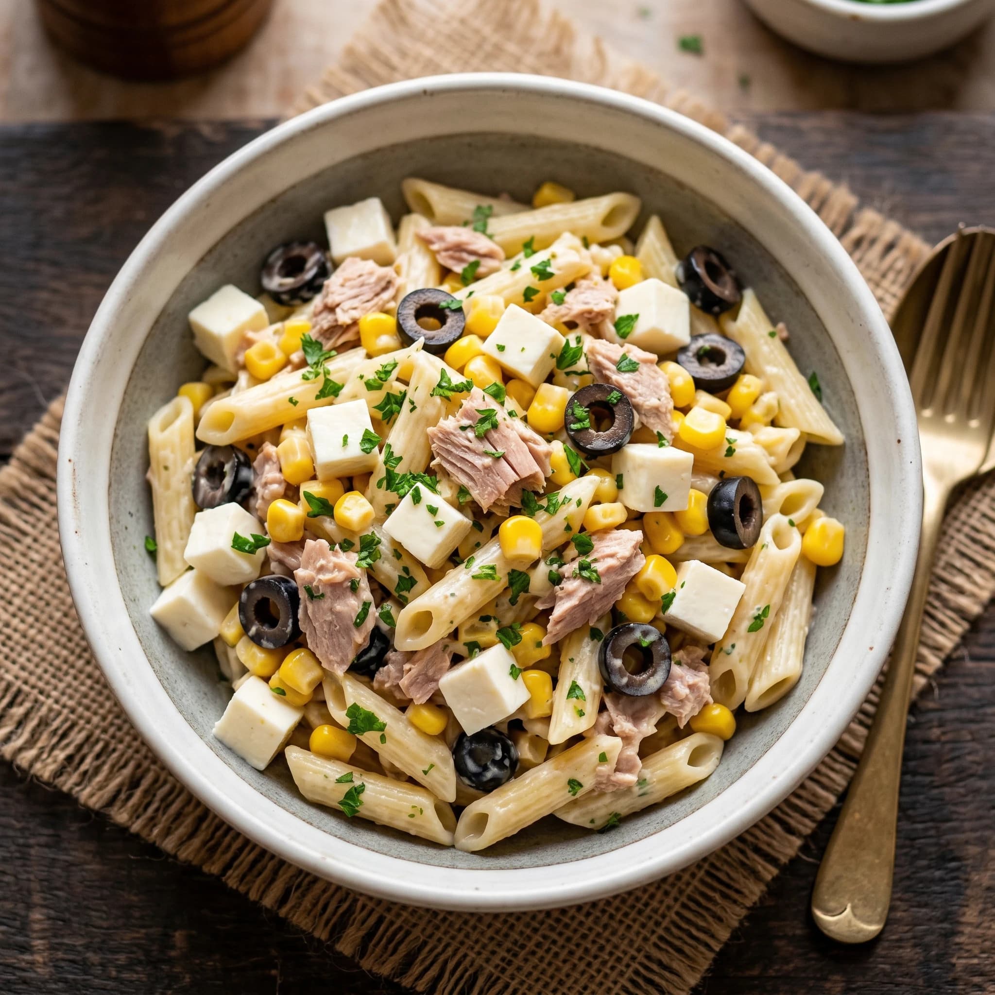 Pasta Salad With Tuna, Fresh Cheese, Olives And Corn