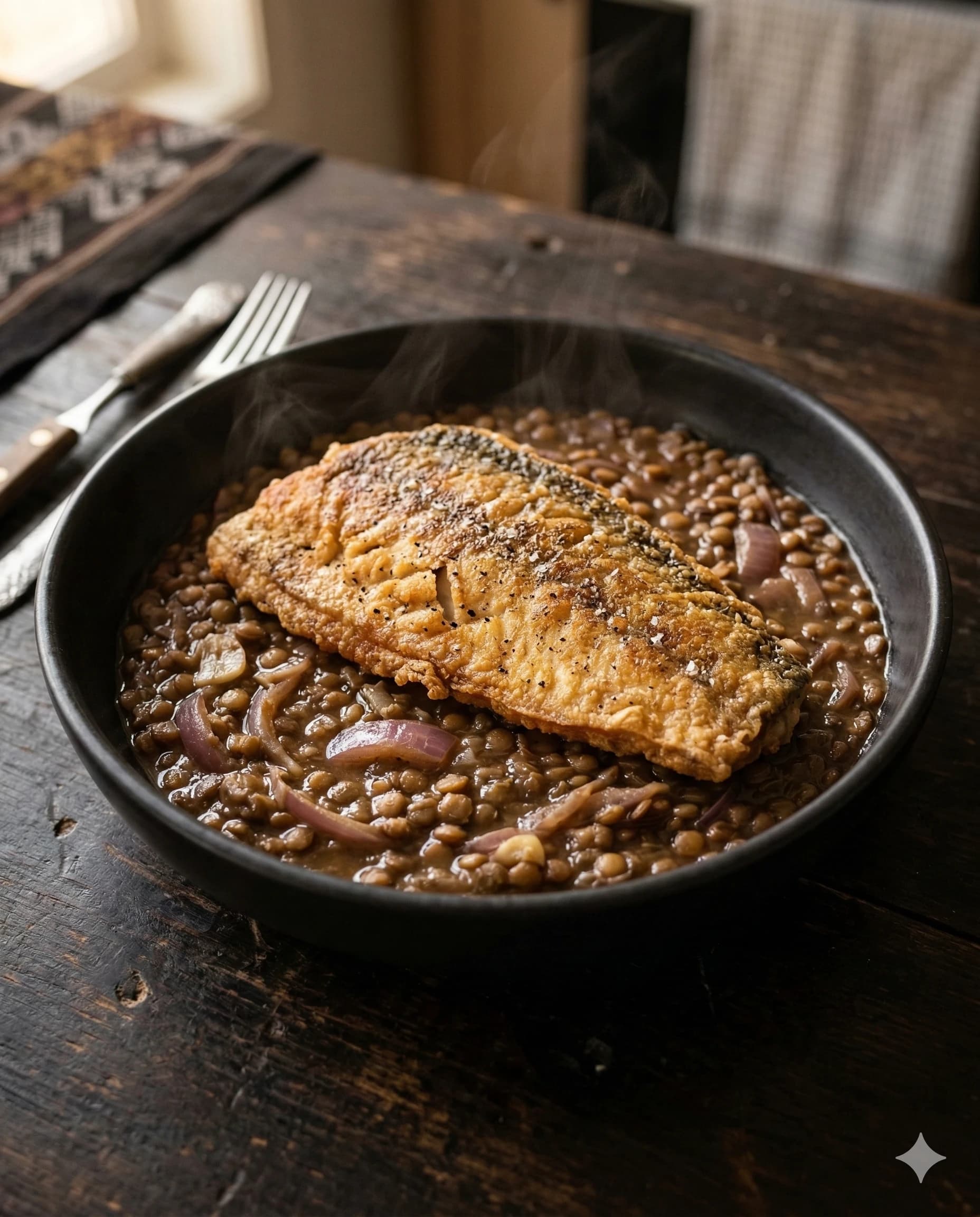 Pescado Frito con Lentejas