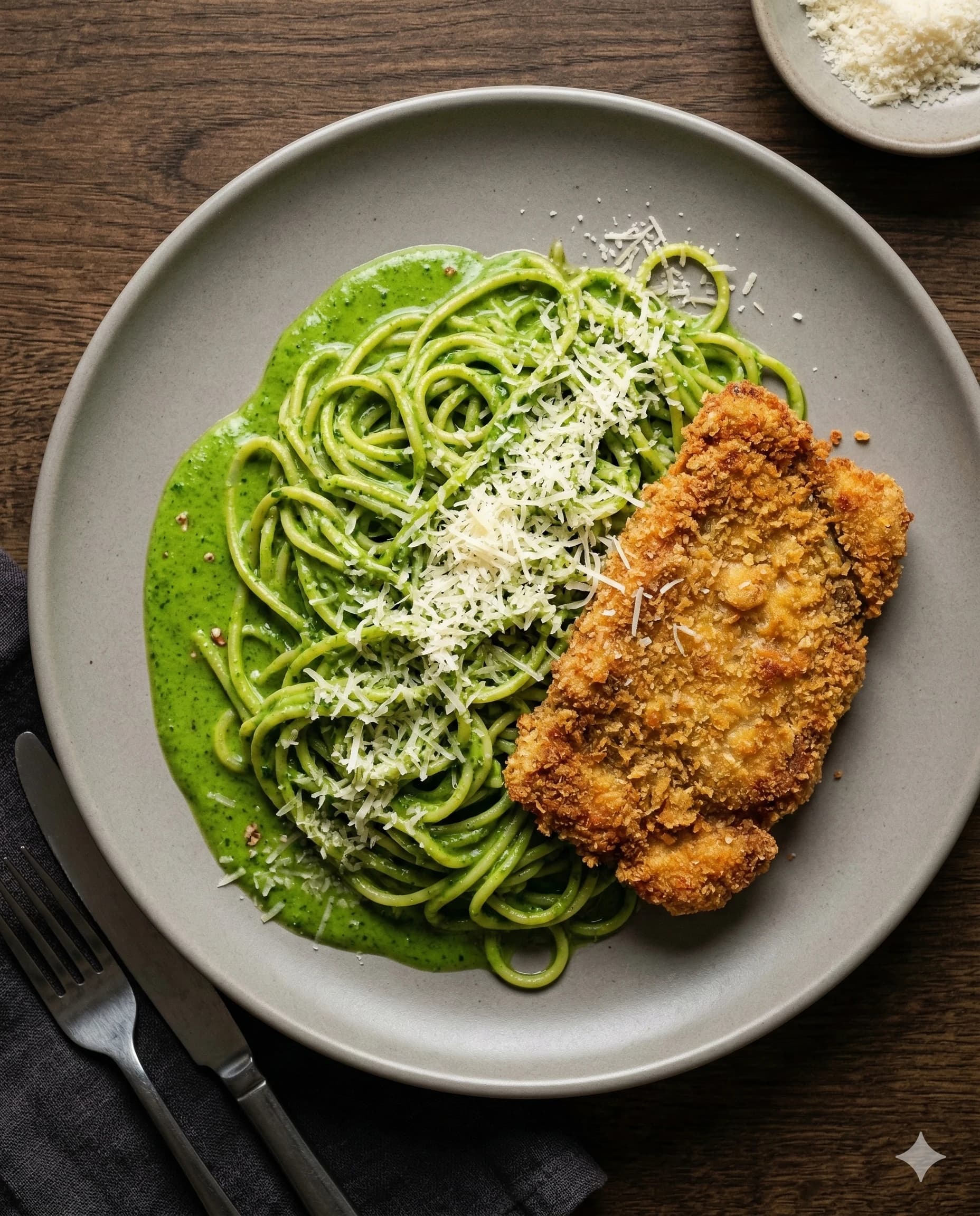 Peruvian Green Pasta with Breaded Steak