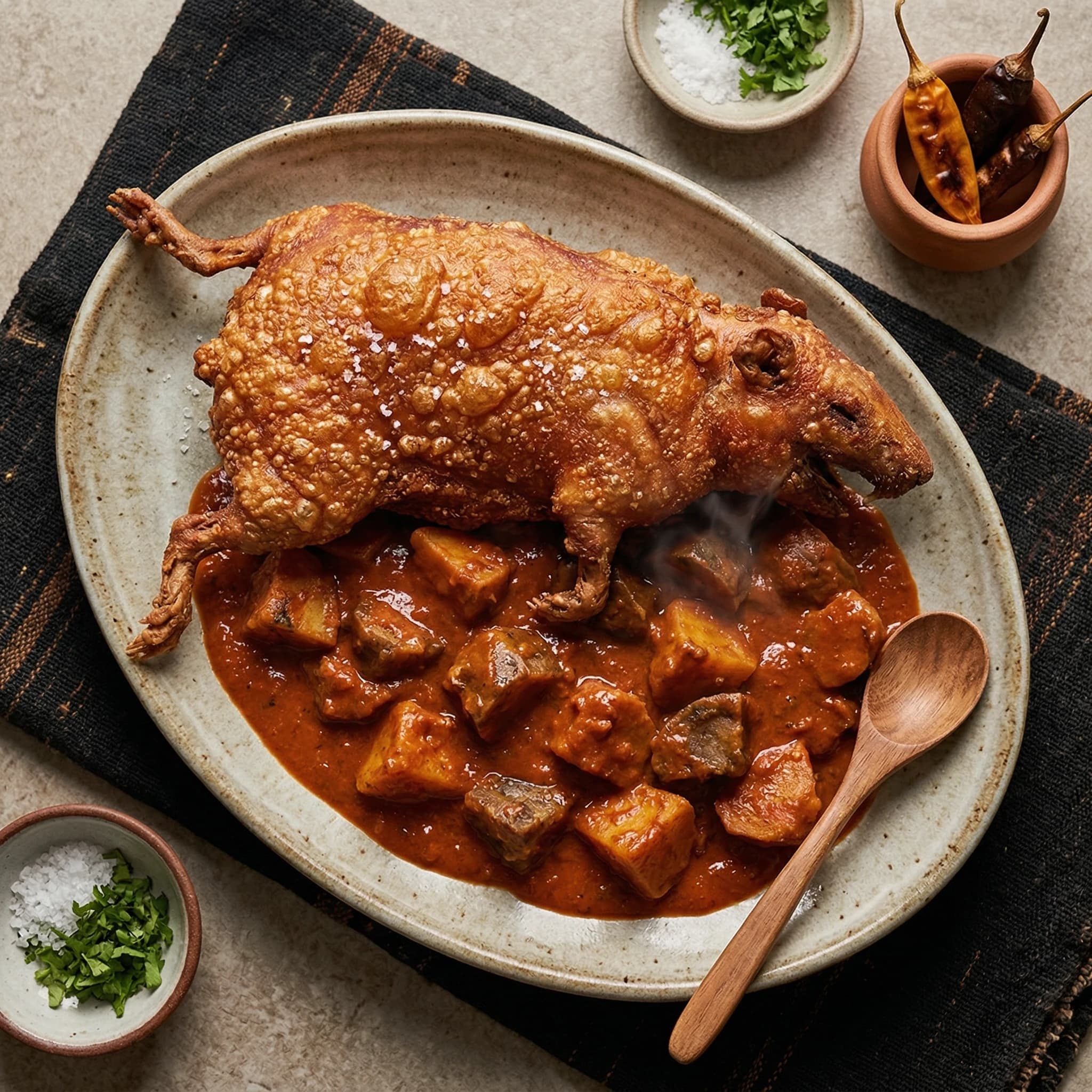 Fried Cuy With Spicy Potato Stew