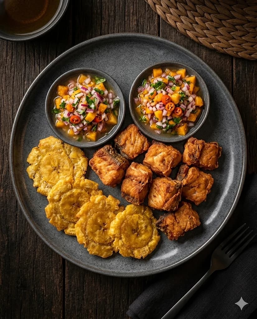 Fried Paiche with Patacones and Cocona Salsa