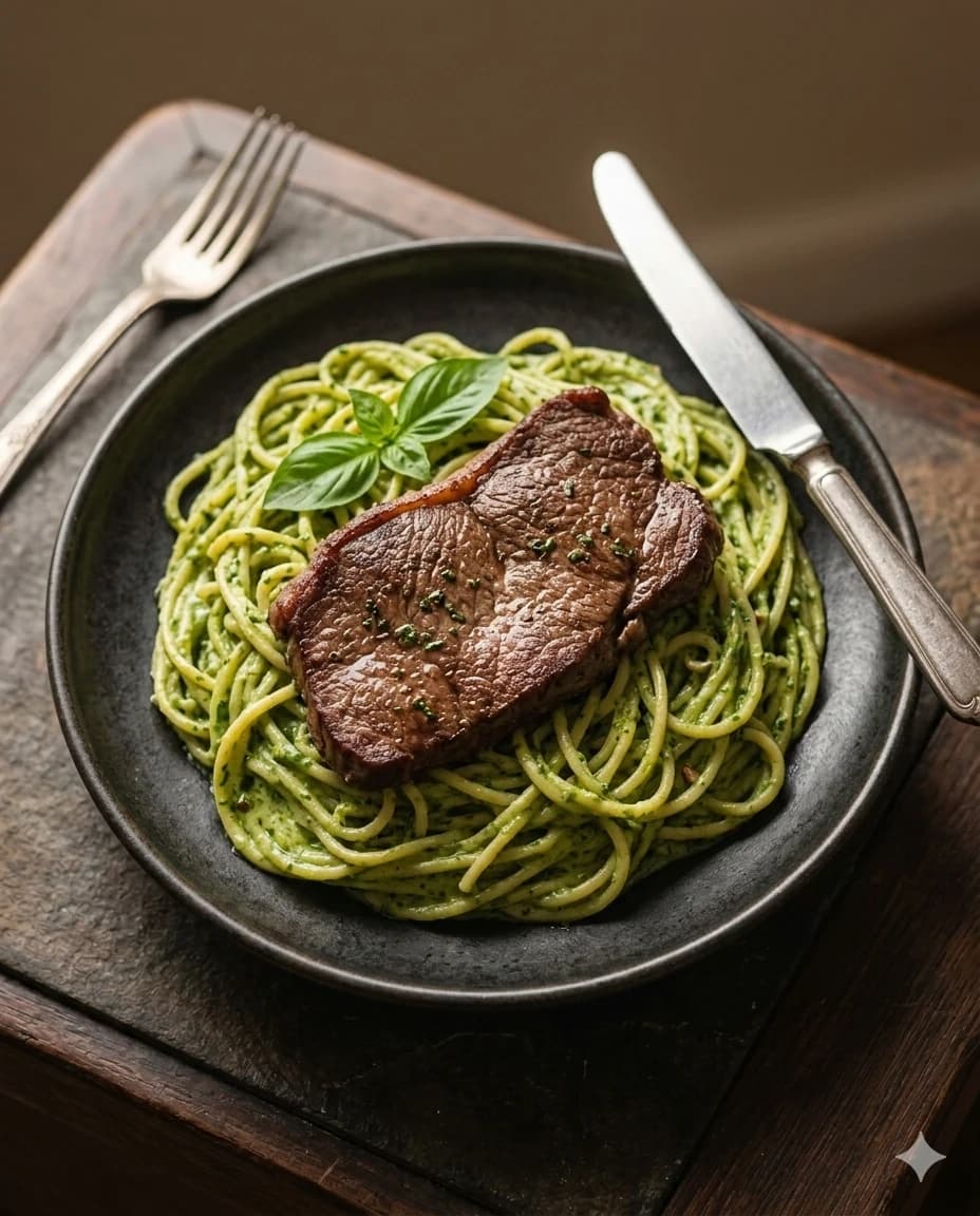Peruvian Green Spaghetti with Steak