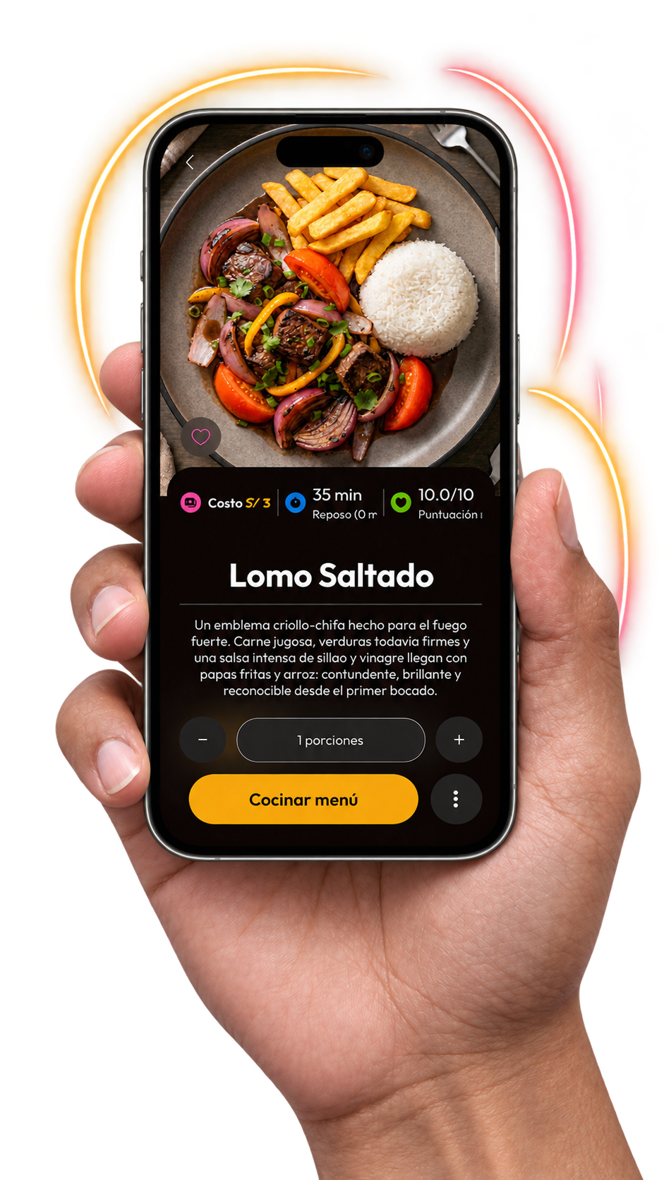 CookPilot showing Lomo Saltado on a phone held in a hand